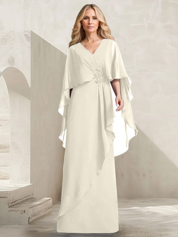 A-Linien-Kleid aus Chiffon mit V-Ausschnitt, bodenlang, mit Kaskadenrüschen und Perlenstickerei für die Mutter der Braut. 