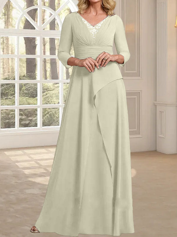A-Linien-Kleid aus Chiffon mit V-Ausschnitt, bodenlang, für die Mutter der Braut, mit plissierter Perlenstickerei