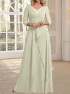 A-Linien-Kleid aus Chiffon mit V-Ausschnitt, bodenlang, für die Mutter der Braut, mit plissierter Perlenstickerei