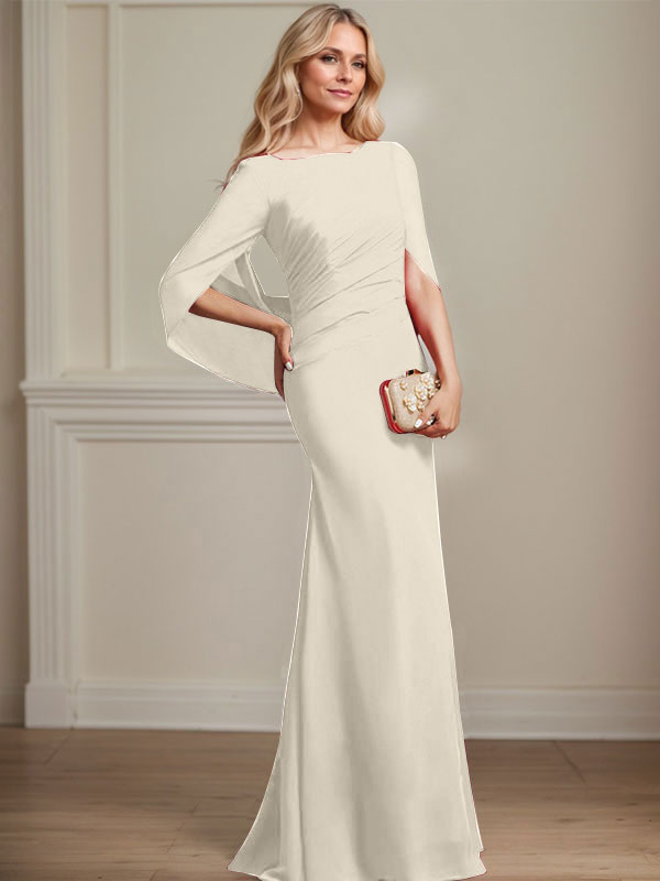 Vestido de gasa para madre de la novia con escote barco, corte trompeta/sirena, largo hasta el suelo, con pliegues 