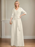 A-Linien-Kleid aus Chiffon mit V-Ausschnitt, bodenlang, mit Spitze, Kaskadenrüschen und Pailletten für die Mutter der Braut 