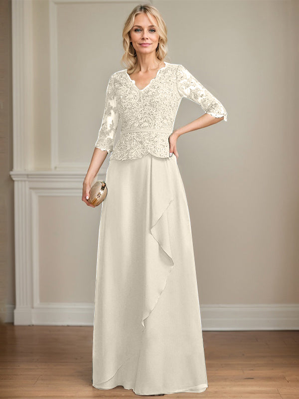Vestido de gasa con encaje y escote en V hasta el suelo para madre de la novia con volantes en cascada y lentejuelas 