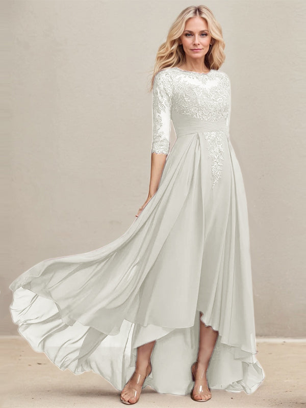 A-Linien-Kleid mit asymmetrischem Ausschnitt, Illusion-Effekt, Spitze und Chiffon, verziert mit plissierten Pailletten, ideal für die Mutter der Braut 
