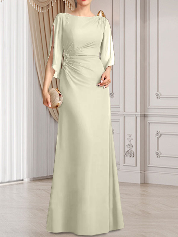 Etui-/Säulen-Chiffonkleid in Bodenlänge für die Mutter der Braut mit plissierter Perlenstickerei