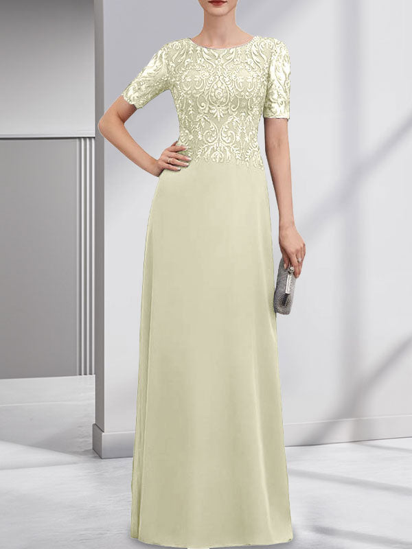 A-Linien-Kleid aus Chiffon mit Pailletten und Rundhalsausschnitt, bodenlang, für die Mutter der Braut