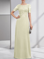 A-Linien-Kleid aus Chiffon mit Pailletten und Rundhalsausschnitt, bodenlang, für die Mutter der Braut