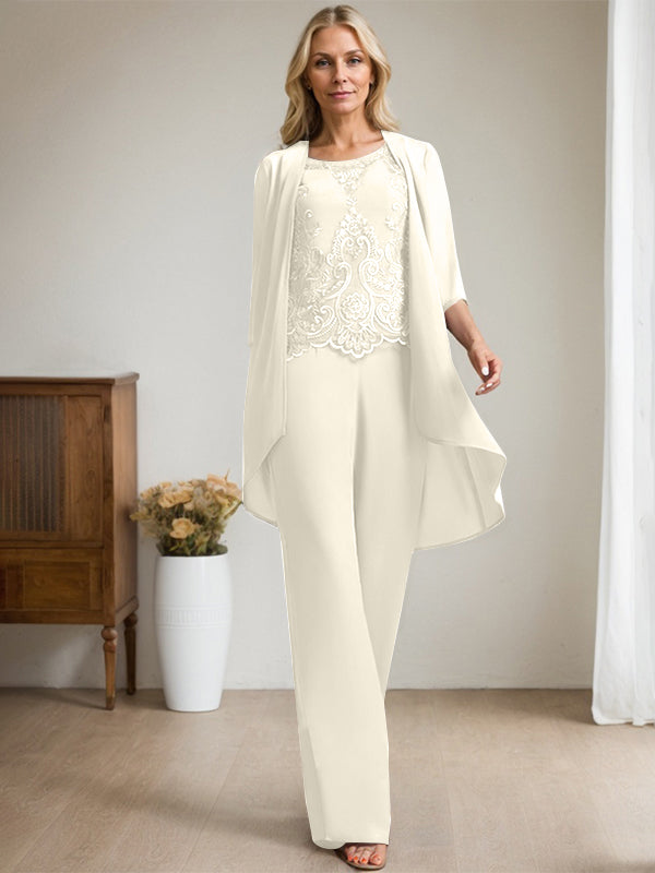 Vestido de madre de la novia de gasa con encaje, escote redondo y lentejuelas y mono/pantalón separado 