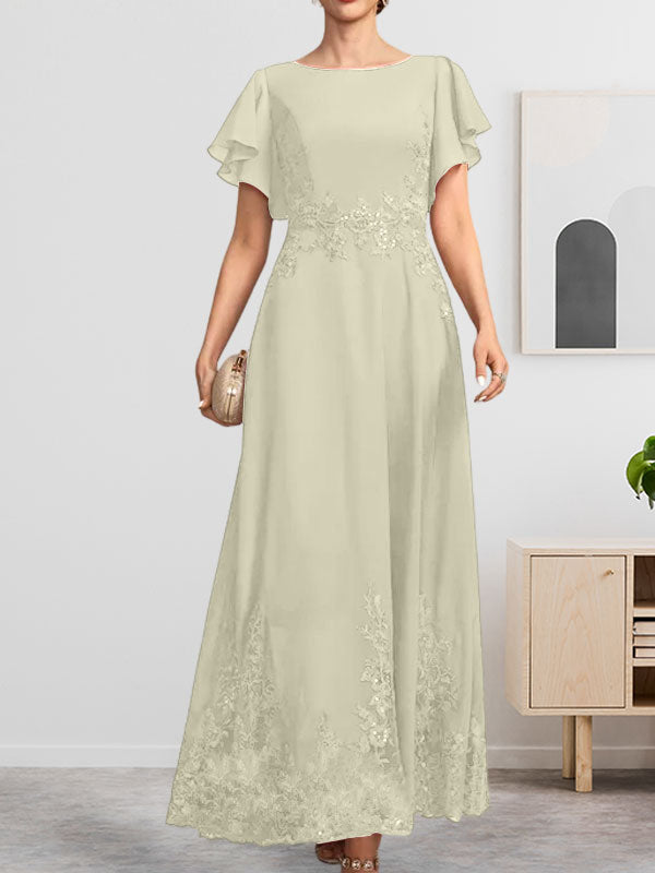 A-Linien-Kleid mit Rundhalsausschnitt, knöchellang, aus Spitze und Chiffon, mit Pailletten besetzt