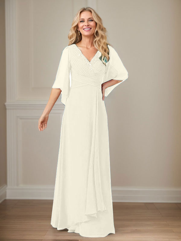 Langes Pailletten-Chiffon-Kleid in A-Linie mit V-Ausschnitt für die Mutter