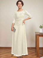 A-Linien-Kleid mit U-Boot-Ausschnitt, Illusion-Detail, knöchellang, aus Chiffon und Spitze mit Strassperlen für die Mutter der Braut. 