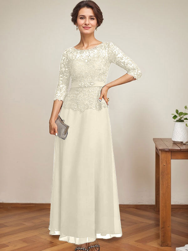 Vestido de gasa con encaje y escote ilusión hasta los tobillos para madre de la novia con cuentas de diamantes de imitación 