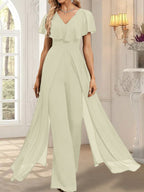 Jumpsuit/Hosenanzug, bodenlanges Chiffon-Abendkleid mit V-Ausschnitt