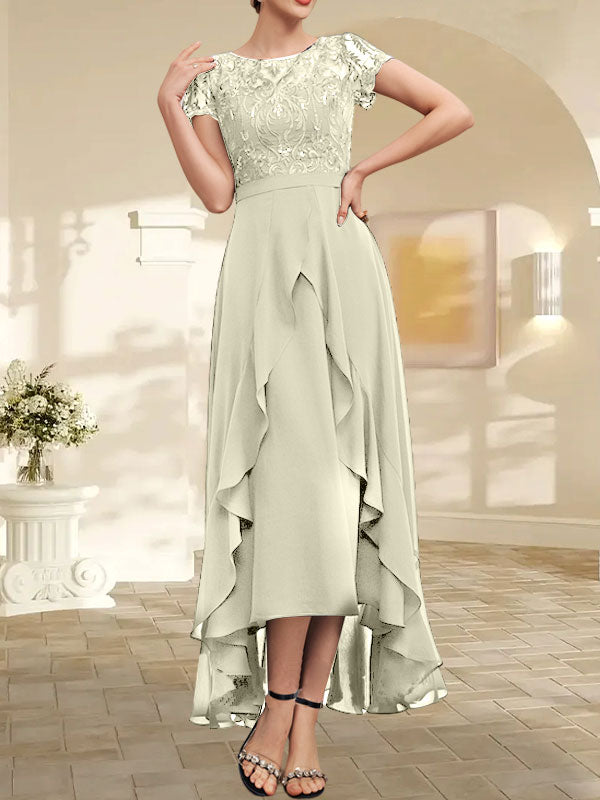 A-Linien-Kleid mit asymmetrischem Chiffon-Spitzenausschnitt, Schleife, Rüschen und Pailletten für die Mutter der Braut 