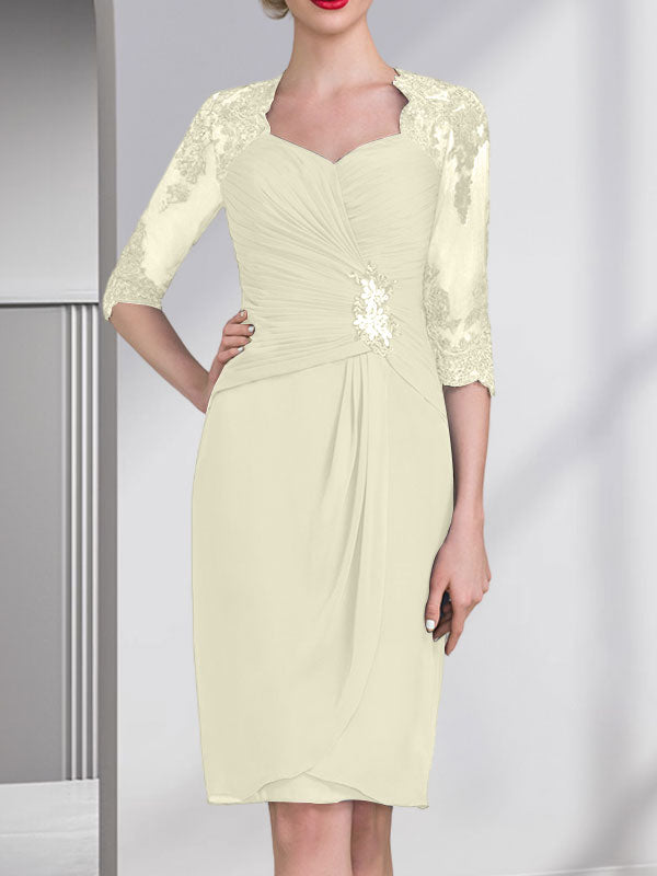 Vestido de gasa para madre de la novia, con escote en forma de corazón, largo hasta la rodilla, con apliques de cuentas, encaje y lentejuelas, plisado.