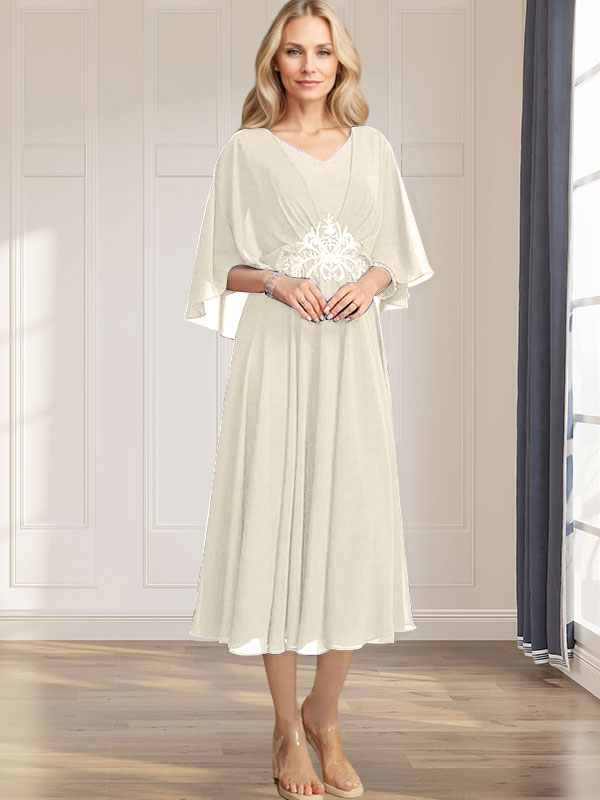 A-Linien-Kleid aus Chiffon mit V-Ausschnitt, Teelänge, plissierten Paillettenapplikationen und Perlenstickerei für die Mutter der Braut 