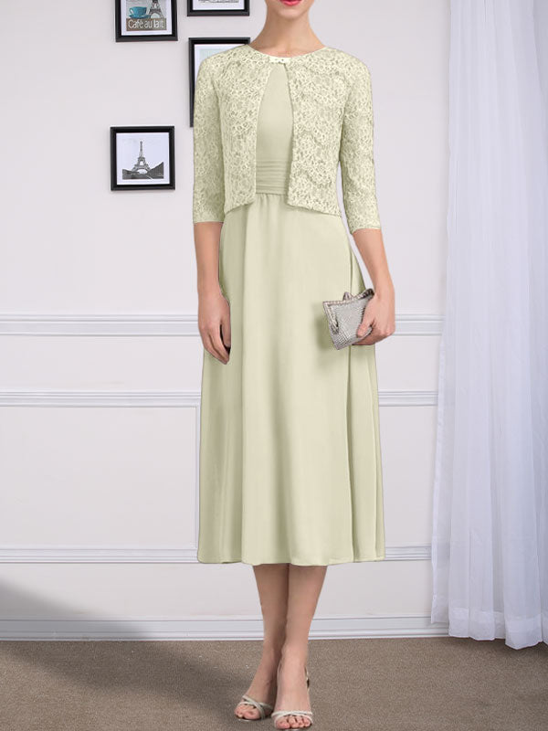 Vestido de gasa para madre de la novia, corte A, escote redondo, largo hasta la rodilla, con pliegues