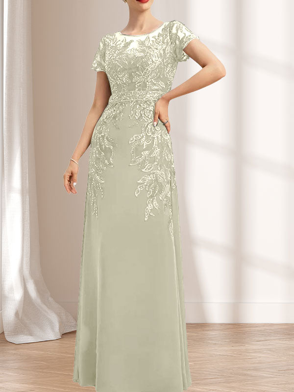 Etuikleid/Säulenkleid mit Illusion-Ausschnitt, bodenlang, aus Chiffon und Spitze mit Pailletten für die Mutter der Braut