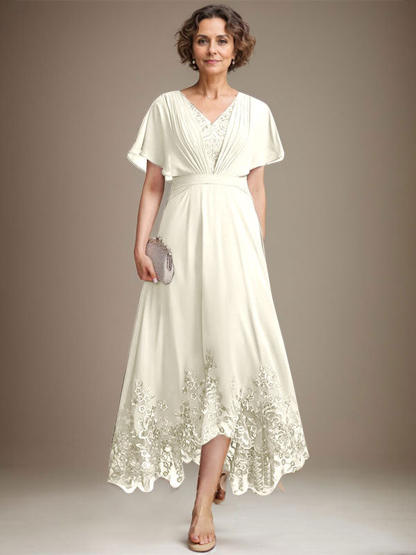 A-Linien-Kleid aus Chiffon mit asymmetrischem V-Ausschnitt und Spitze für die Mutter der Braut mit Falten