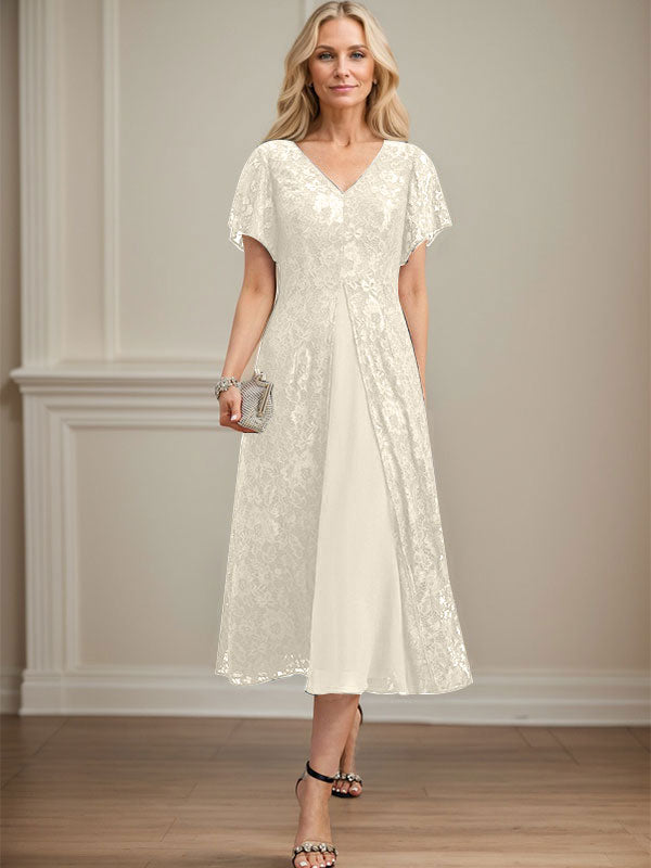 A-Linien-Kleid aus Chiffon mit V-Ausschnitt und Teelänge für die Mutter der Braut 