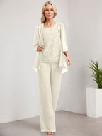 Zweiteiliger Jumpsuit/Hosenanzug, bodenlanges Chiffon-Kleid mit Spitze und Pailletten für die Mutter der Braut