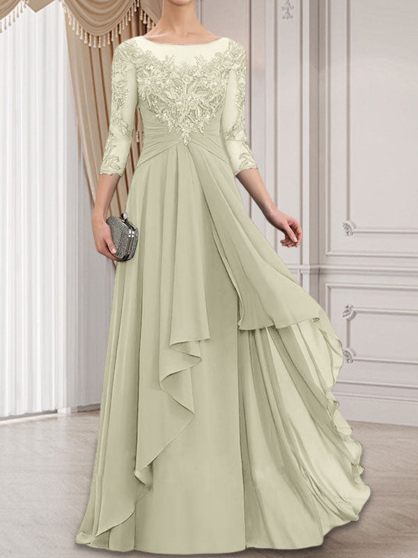 A-Linien-Kleid mit U-Boot-Ausschnitt, Illusion-Effekt, bodenlang, aus Chiffon und Spitze, mit Kaskadenrüschen – perfekt für die Mutter der Braut
