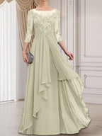 A-Linien-Kleid mit U-Boot-Ausschnitt, Illusion-Effekt, bodenlang, aus Chiffon und Spitze, mit Kaskadenrüschen – perfekt für die Mutter der Braut