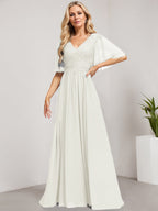 A-Linien-Kleid aus Chiffon mit V-Ausschnitt, bodenlang, mit Pailletten besetzt – ideal für die Mutter der Braut 
