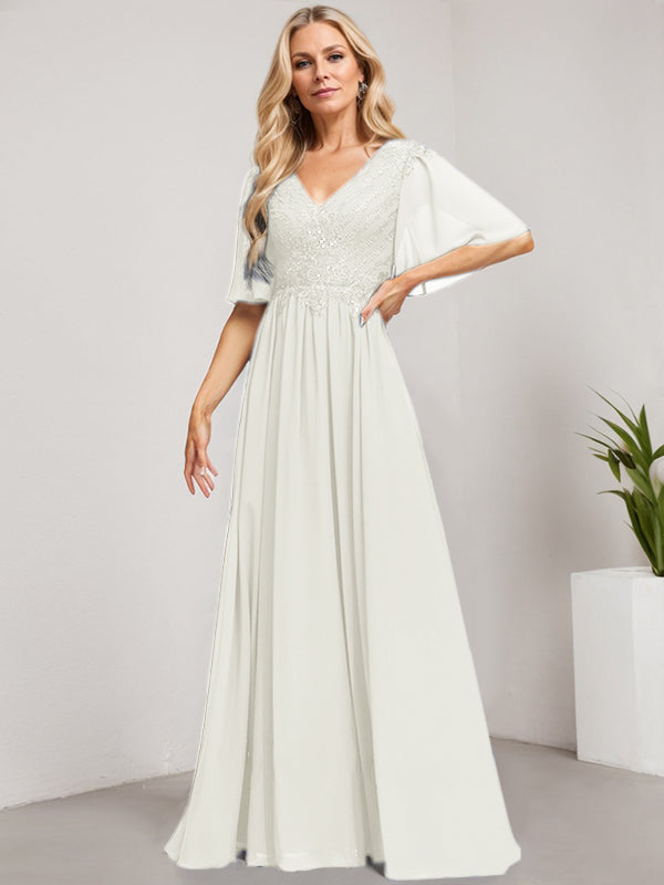 Vestido de gasa con encaje y lentejuelas para madre de la novia, corte A, escote en V y largo hasta el suelo 