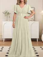 A-Linien-Chiffonkleid mit V-Ausschnitt, bodenlang, für die Mutter der Braut, mit Kristallbrosche und Falten 