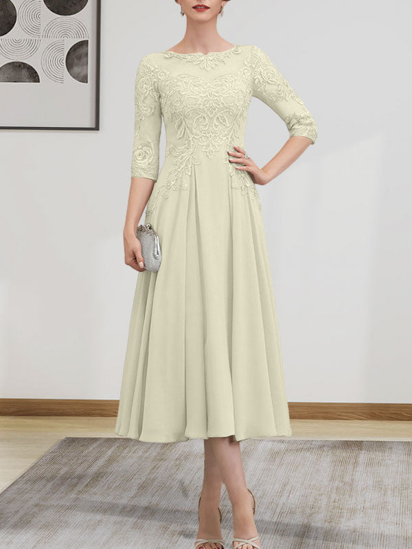 A-Linien-Kleid mit U-Boot-Ausschnitt, Illusion-Detail, Teelänge, Chiffonspitze, Perlenstickerei und Pailletten für die Mutter der Braut