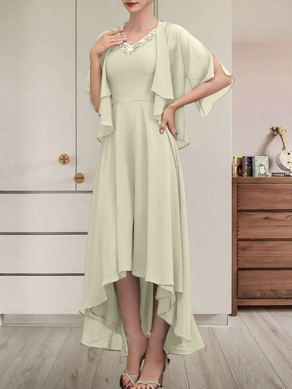 A-Linien-Kleid aus Chiffon mit V-Ausschnitt, asymmetrischem Muster und Perlen- und Paillettenbesatz für die Mutter der Braut