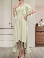 A-Linien-Kleid aus Chiffon mit V-Ausschnitt, asymmetrischem Muster und Perlen- und Paillettenbesatz für die Mutter der Braut