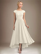 A-Linien-Kleid aus Chiffon mit asymmetrischem, plissiertem Spitzeneinsatz und Illusion-Ausschnitt für die Mutter der Braut 