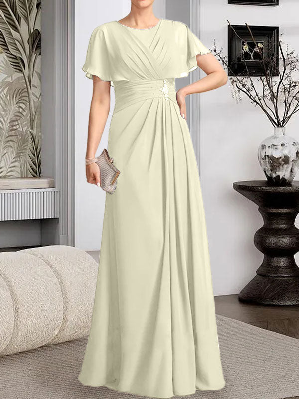 A-Linien-Kleid aus Chiffon mit Rundhalsausschnitt und bodenlanger Verarbeitung, verziert mit plissierten Perlen.