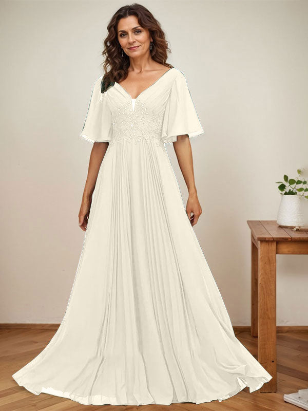 A-Linien-Kleid aus Chiffon mit V-Ausschnitt, bodenlang, mit Paillettenapplikationen, Spitze und Falten für die Mutter der Braut 