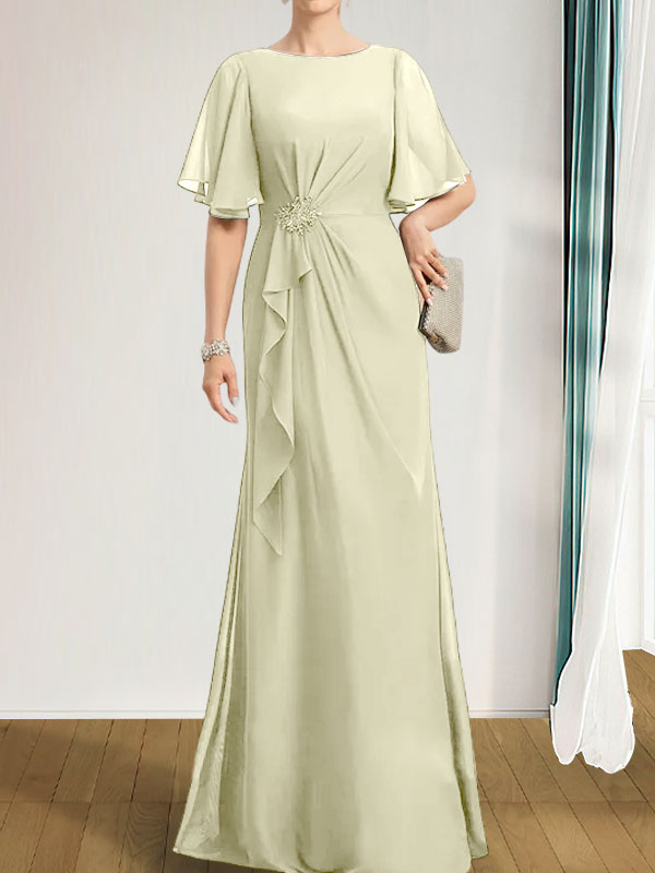 A-Linien-Kleid aus Chiffon in Bodenlänge für die Mutter der Braut mit kaskadenartigen Rüschen, Perlen und Pailletten