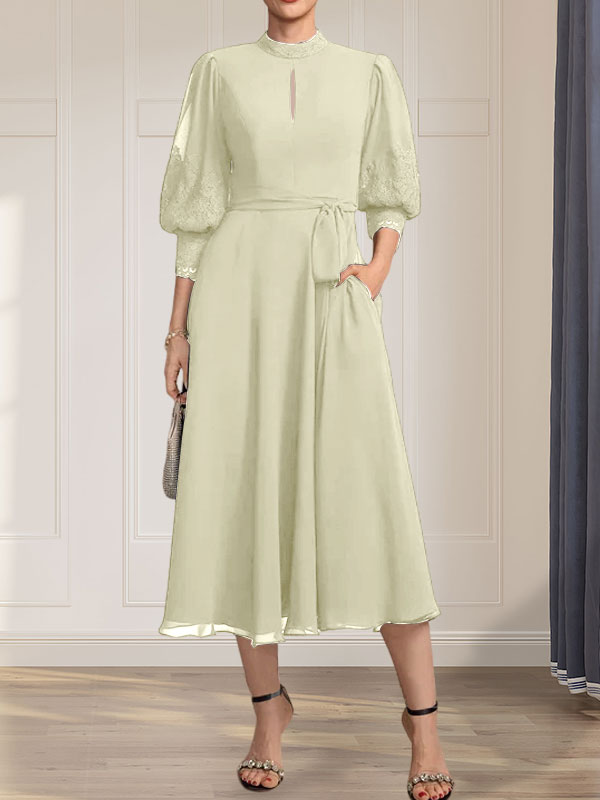 A-Linien-Kleid aus Chiffon mit hohem Kragen, Teelänge und Spitze für die Mutter der Braut, verziert mit einer Schleife