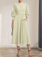 A-Linien-Kleid aus Chiffon mit hohem Kragen, Teelänge und Spitze für die Mutter der Braut, verziert mit einer Schleife