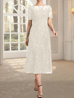 A-Linien-Kleid mit Rundhalsausschnitt, Illusion-Ausschnitt, Teelänge, Spitze und Pailletten für die Mutter der Braut