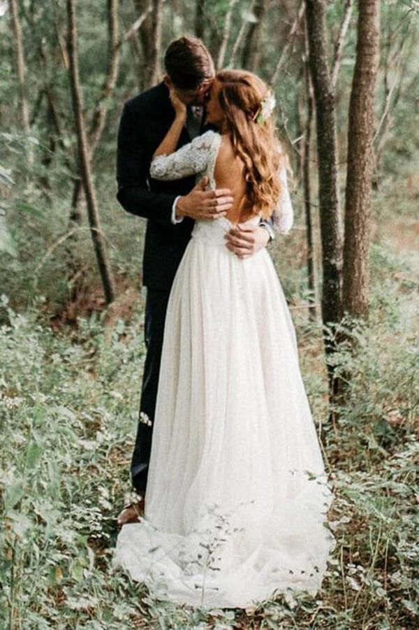 Ivory 3/4 Sleeves Lace Top Backless Wedding Dresses, Bridal Gowns