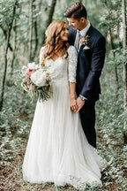 Ivory 3/4 Sleeves Lace Top Backless Wedding Dresses, Bridal Gowns