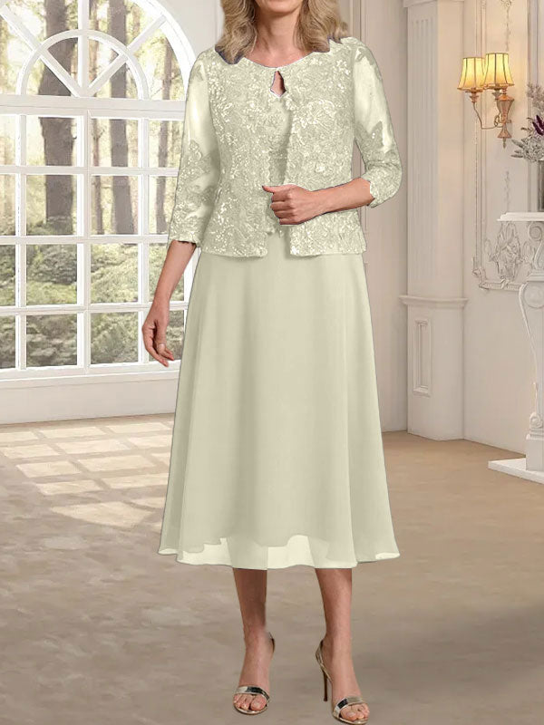 Vestido de gasa con encaje y lentejuelas para madre de la novia, corte A, escote redondo y largo hasta la rodilla 