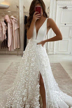 Ivory A-line Satin Tulle 3D Flowers V-neck Wedding Dresses With Slit