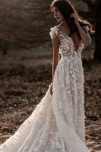 Ivory A-line V-neck Lace Appliqued Beach Wedding Dresses, Bridal Gown