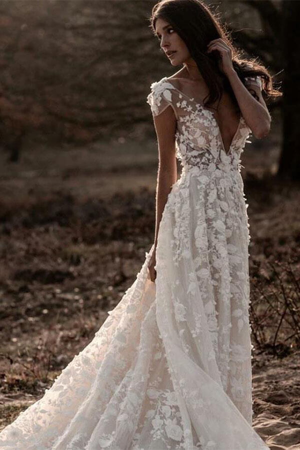 Ivory A-line V-neck Lace Appliqued Beach Wedding Dresses, Bridal Gown