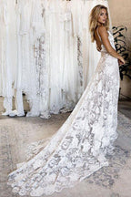 Ivory A-line V-neck Lace Backless Spaghetti Straps Beach Wedding Dresses