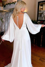 Ivory A-line V-neck Long Sleeves Simple Wedding Dresses With Slit