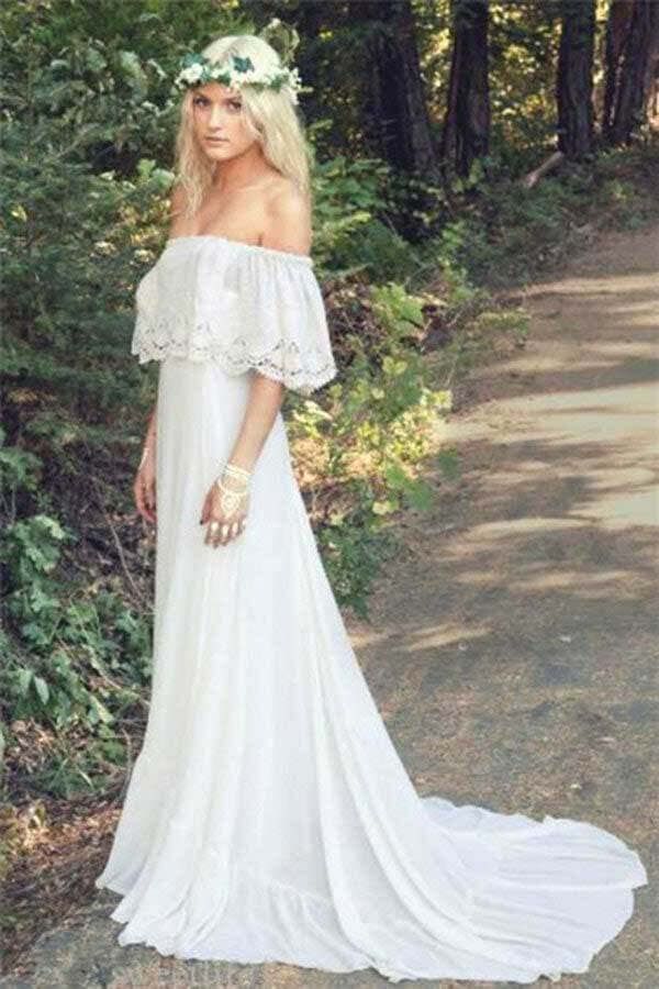 Ivory Chiffon A-line Off-the-Shoulder Bohemian Lace Beach Wedding Dresses