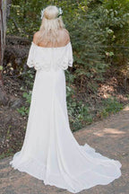 Ivory Chiffon A-line Off-the-Shoulder Bohemian Lace Beach Wedding Dresses