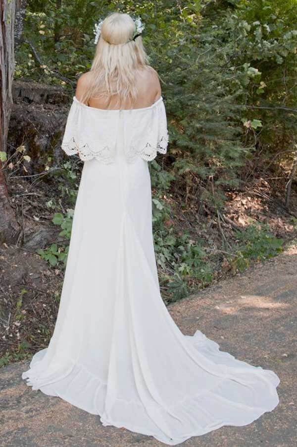 Ivory Chiffon A-line Off-the-Shoulder Bohemian Lace Beach Wedding Dresses